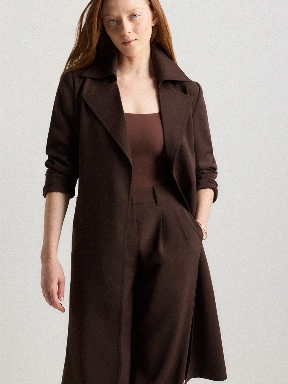 Quince Stretch Crepe Trench Coat XS Coffee Bean Brown Quiet Luxury NWOT - Picture 5 of 7